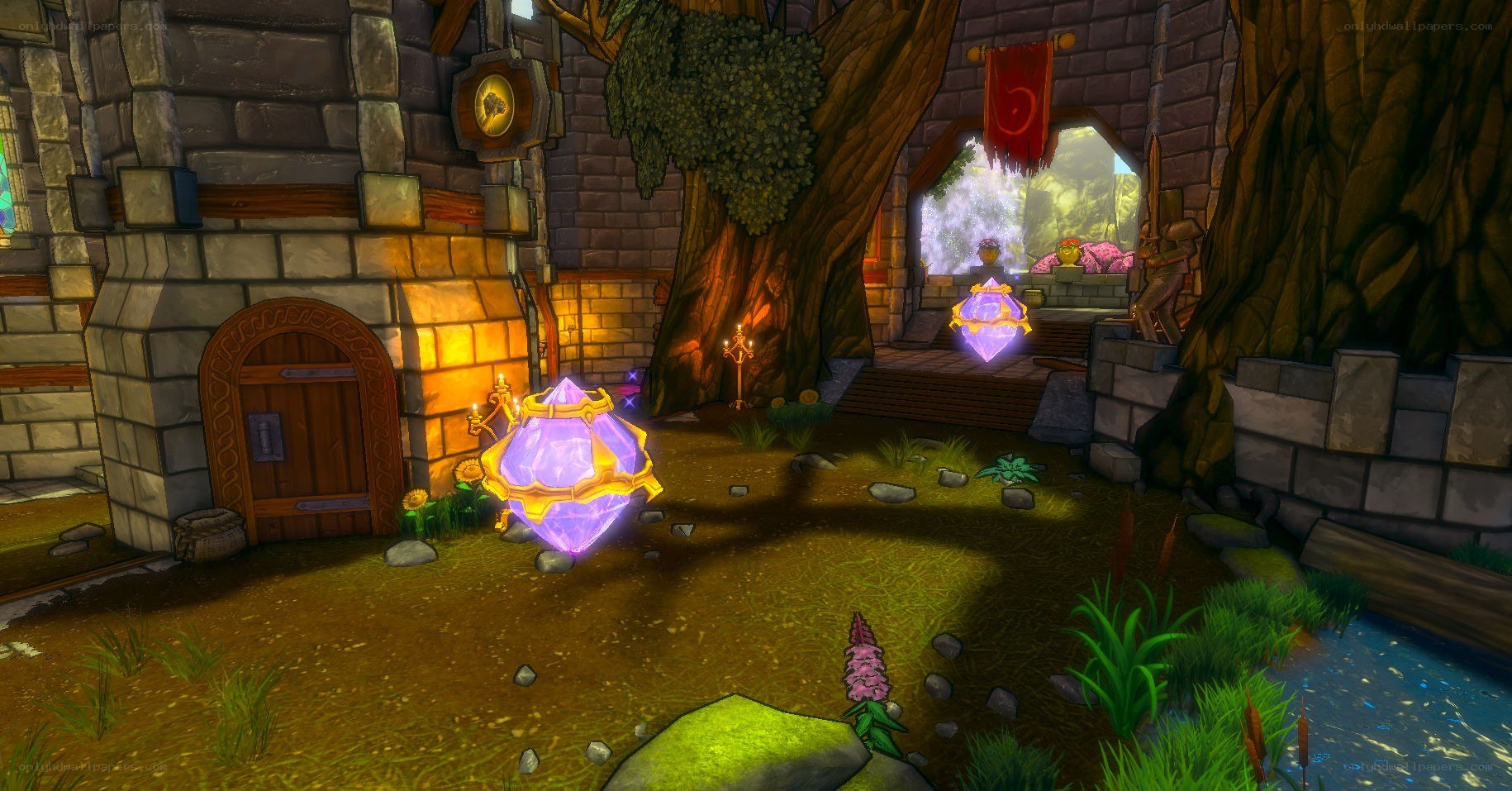 Fantasy village with glowing crystals