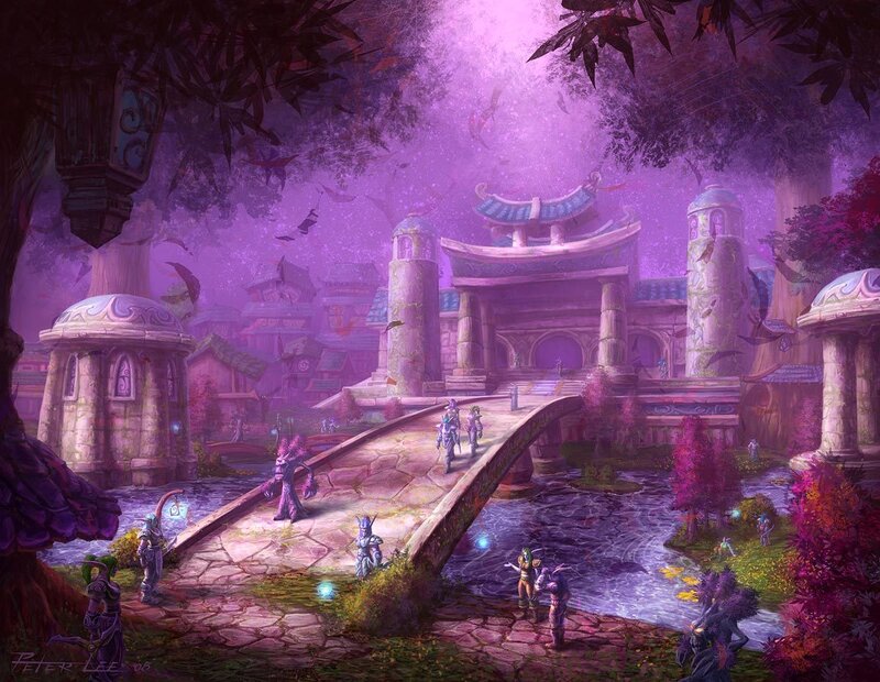 Fantasy village with purple glow