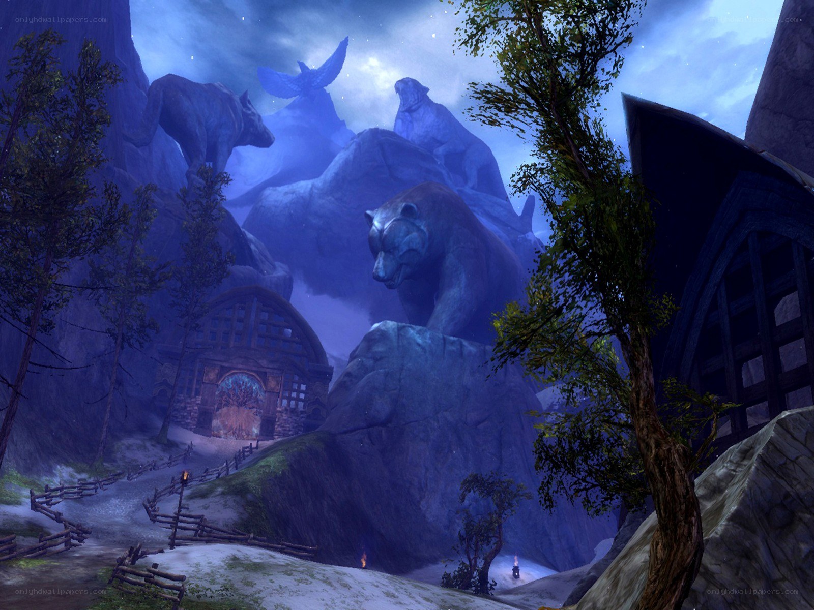 fantasy village with stone statues