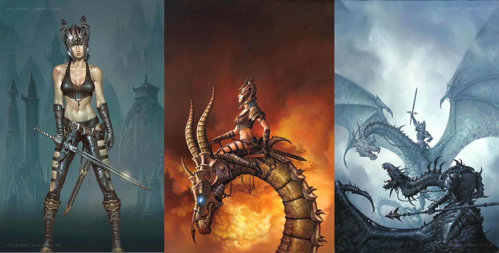 Fantasy warrior and dragons