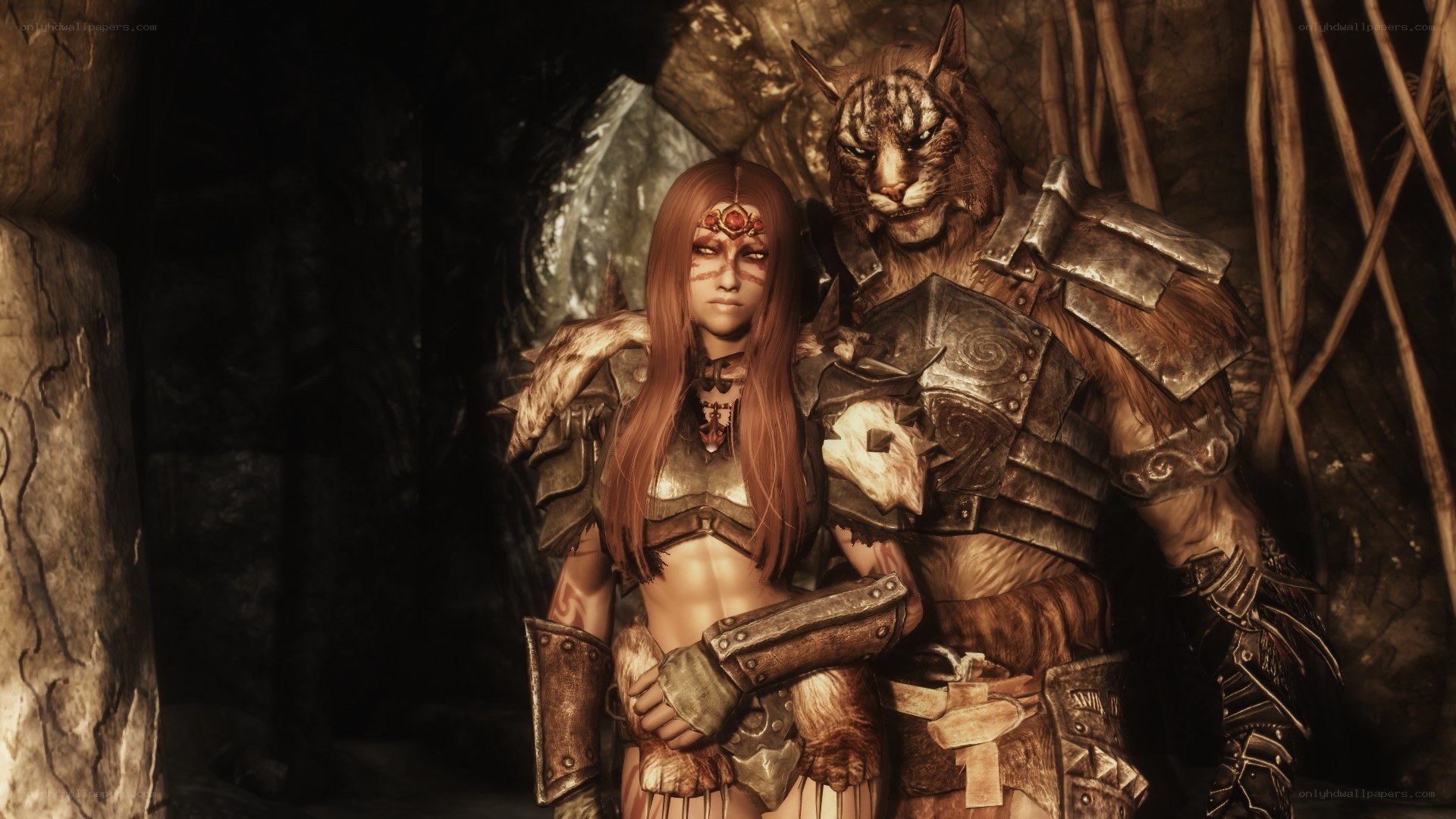 fantasy warrior duo in cave