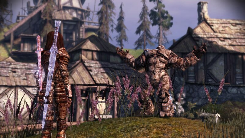 Fantasy warrior facing golem