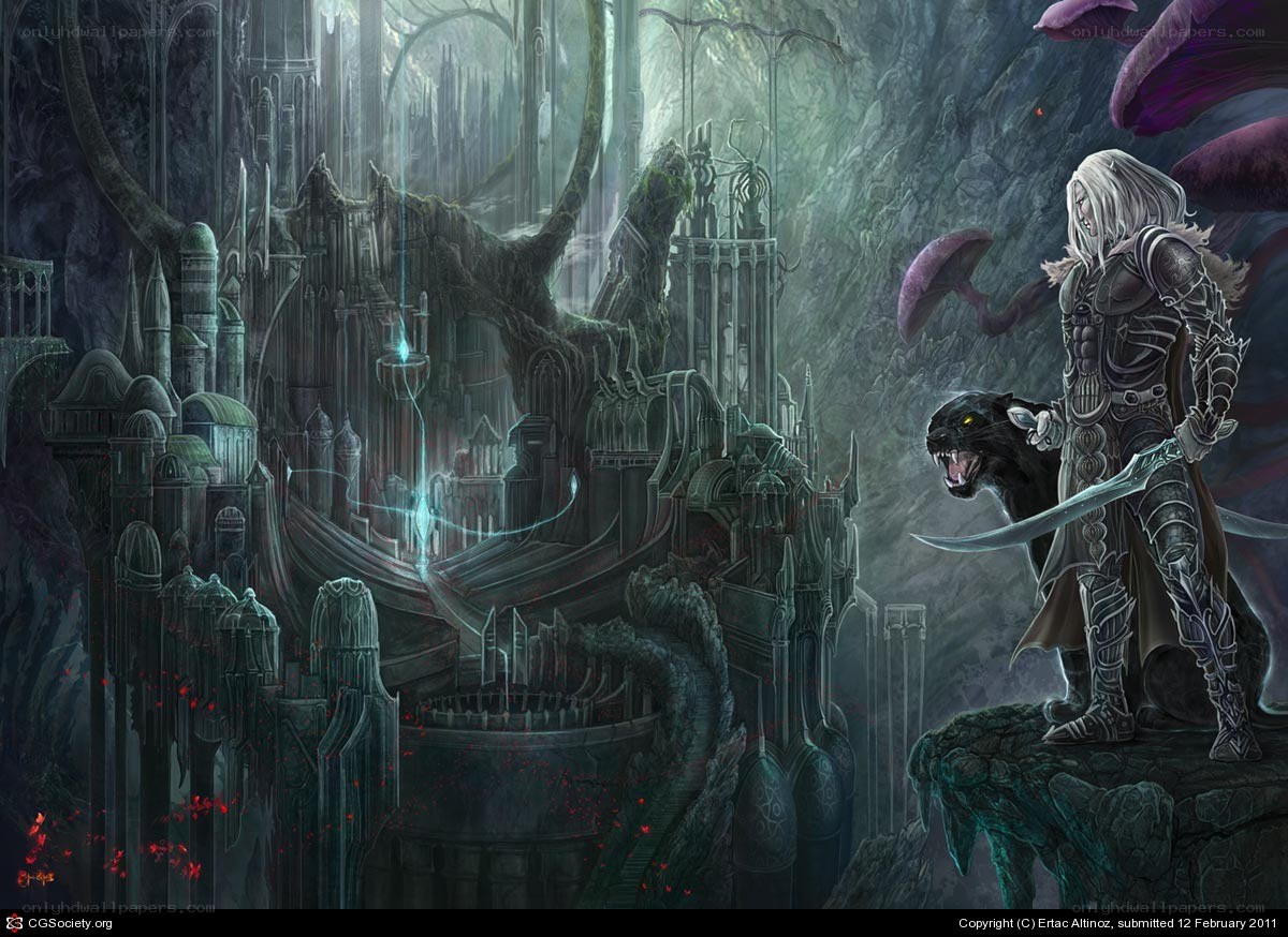 Fantasy warrior in ancient ruins