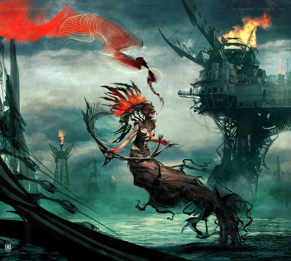fantasy warrior in fiery landscape
