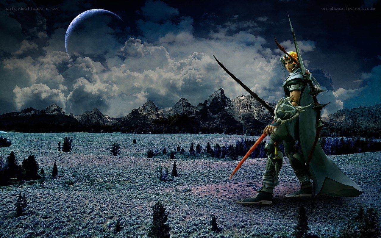 Fantasy warrior in moonlit landscape