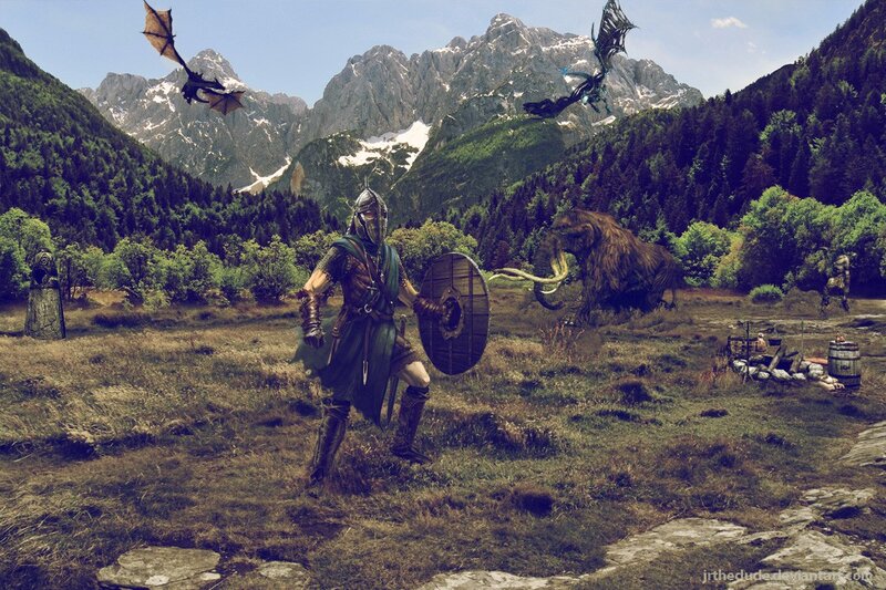 Fantasy warrior in mountain valley