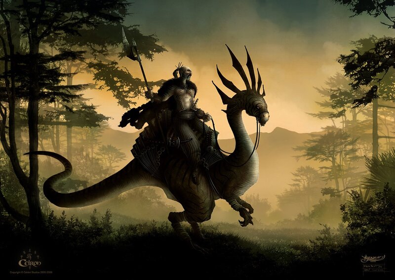 Fantasy warrior on dragon mount