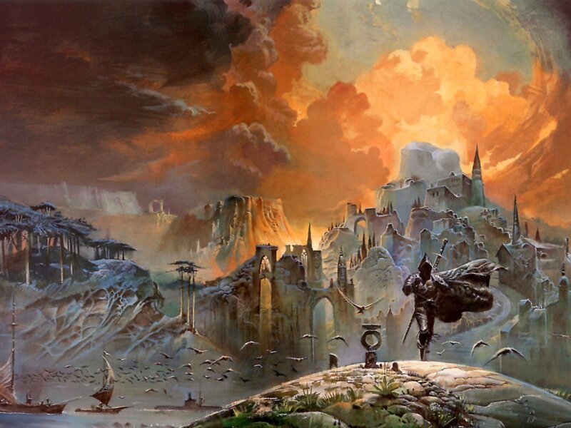 Fantasy warrior overlooking a ruined city