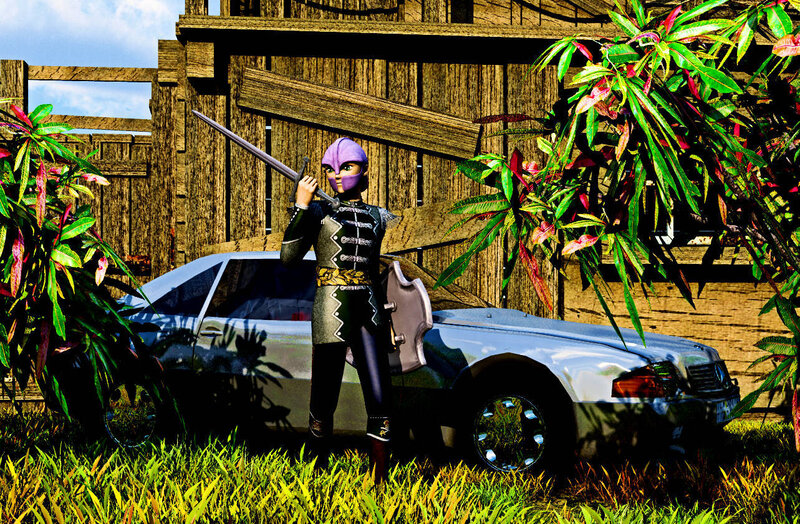 fantasy warrior with car