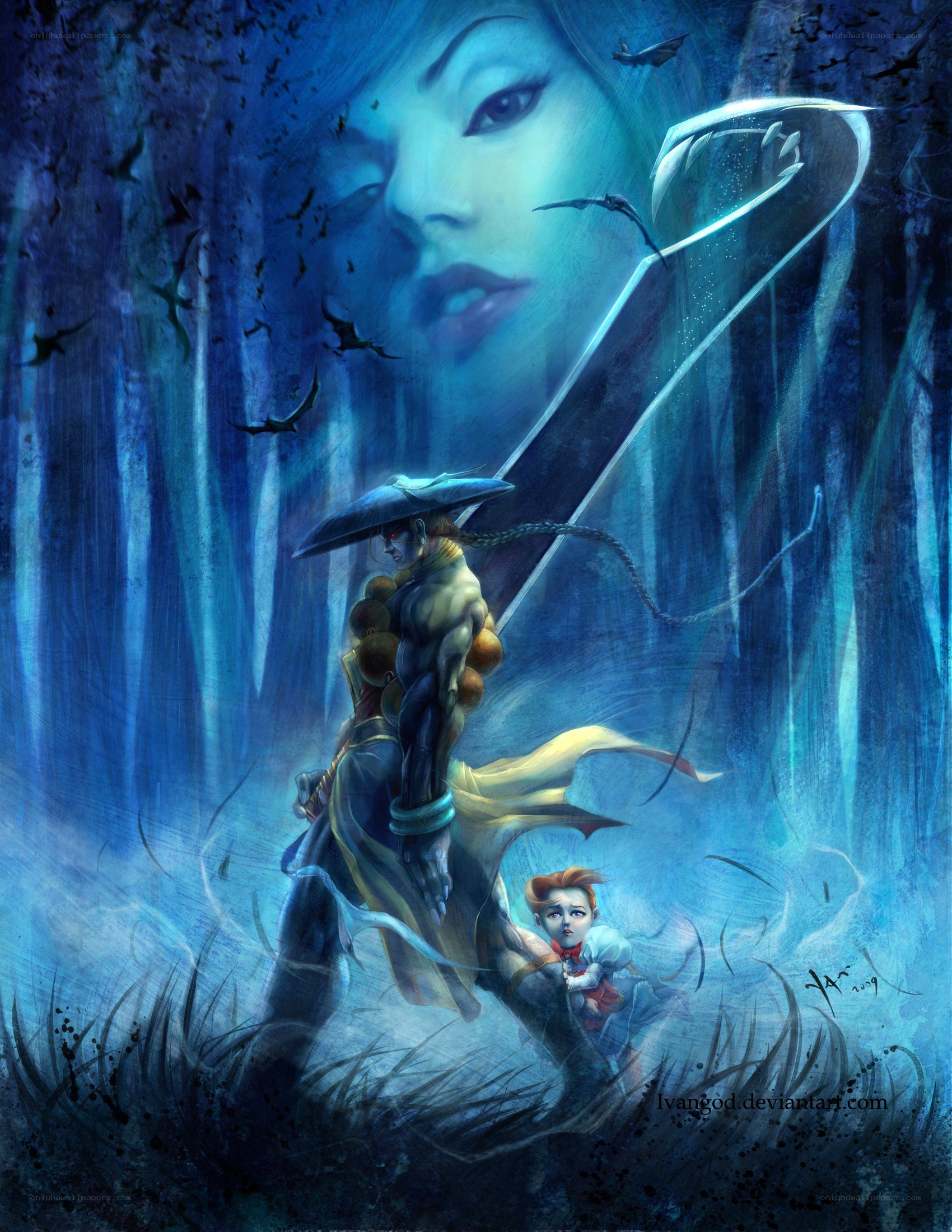 Fantasy warrior with child in forest
