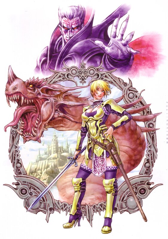 Fantasy warrior with dragon and demon