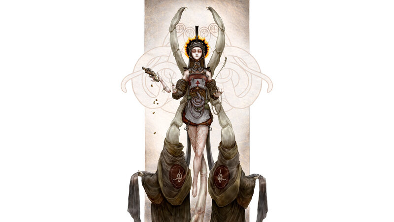 fantasy warrior with insectoid arms