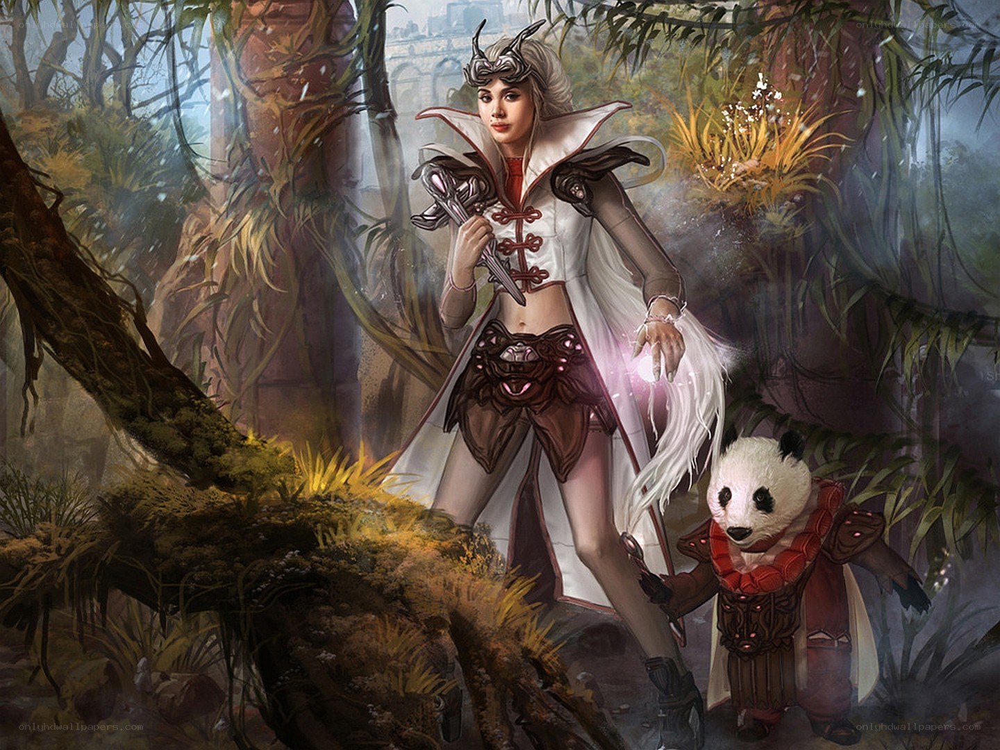 Fantasy warrior with panda companion