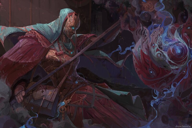Fantasy Warrior with Staff — Red, Dramatic