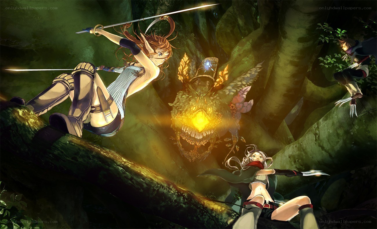 Fantasy warriors battle a monster