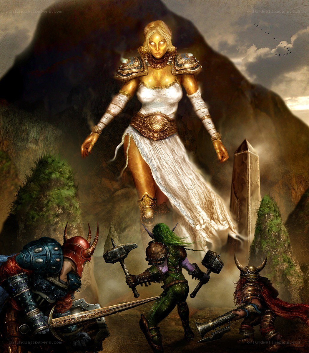 Fantasy warriors face a golden goddess
