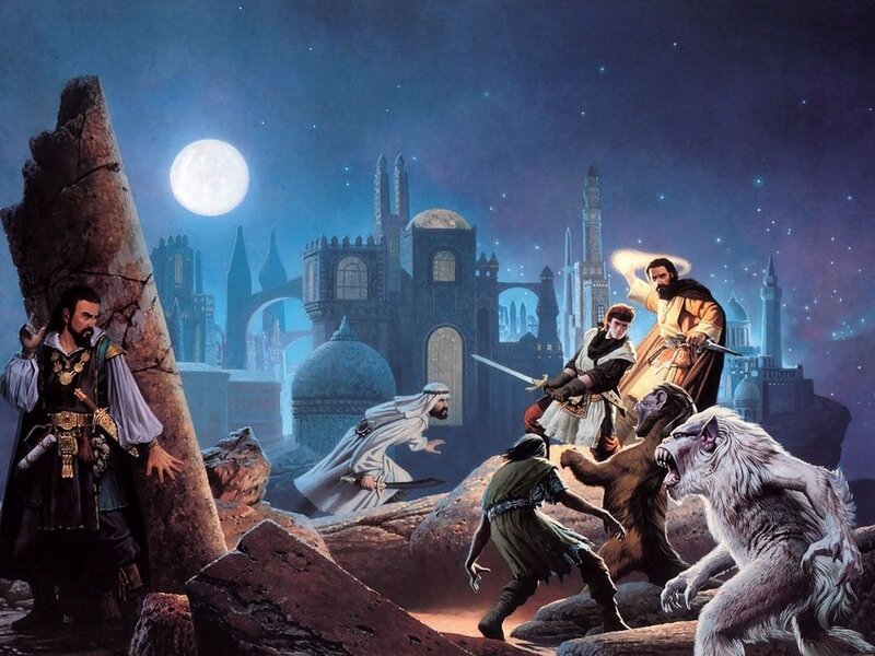 Fantasy Warriors Fighting — Blue, Dramatic, Night, Illustration, Moon