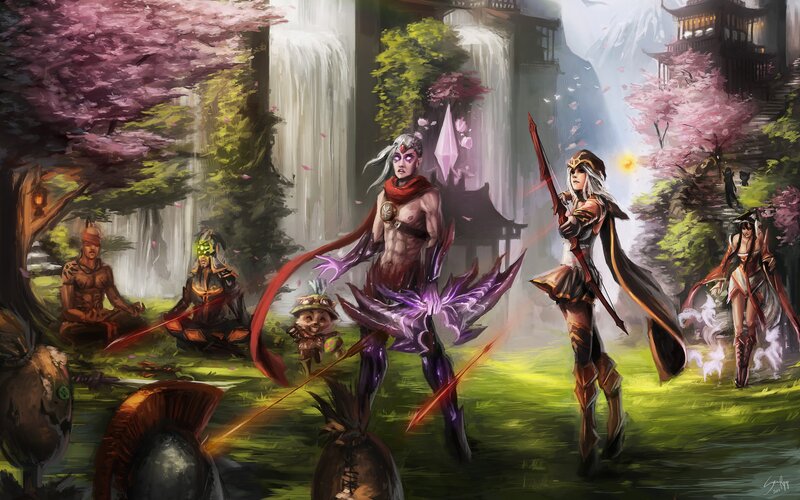 Fantasy warriors in a cherry blossom grove