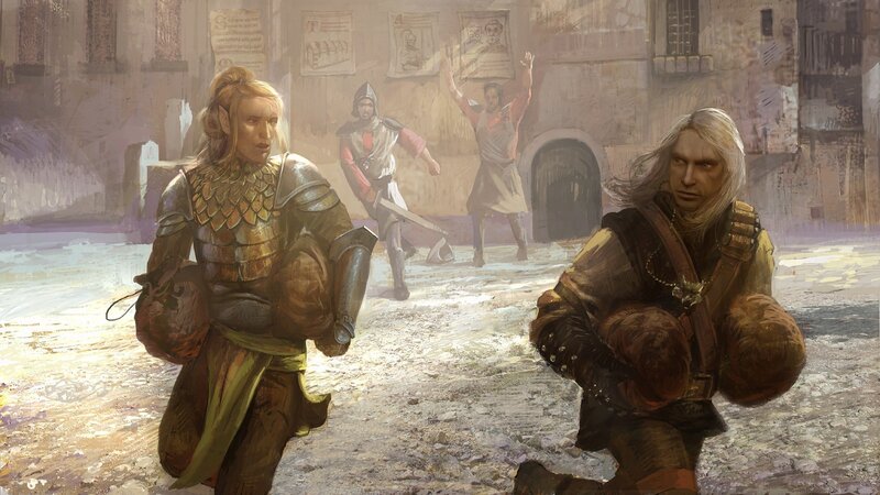 fantasy warriors in a city street