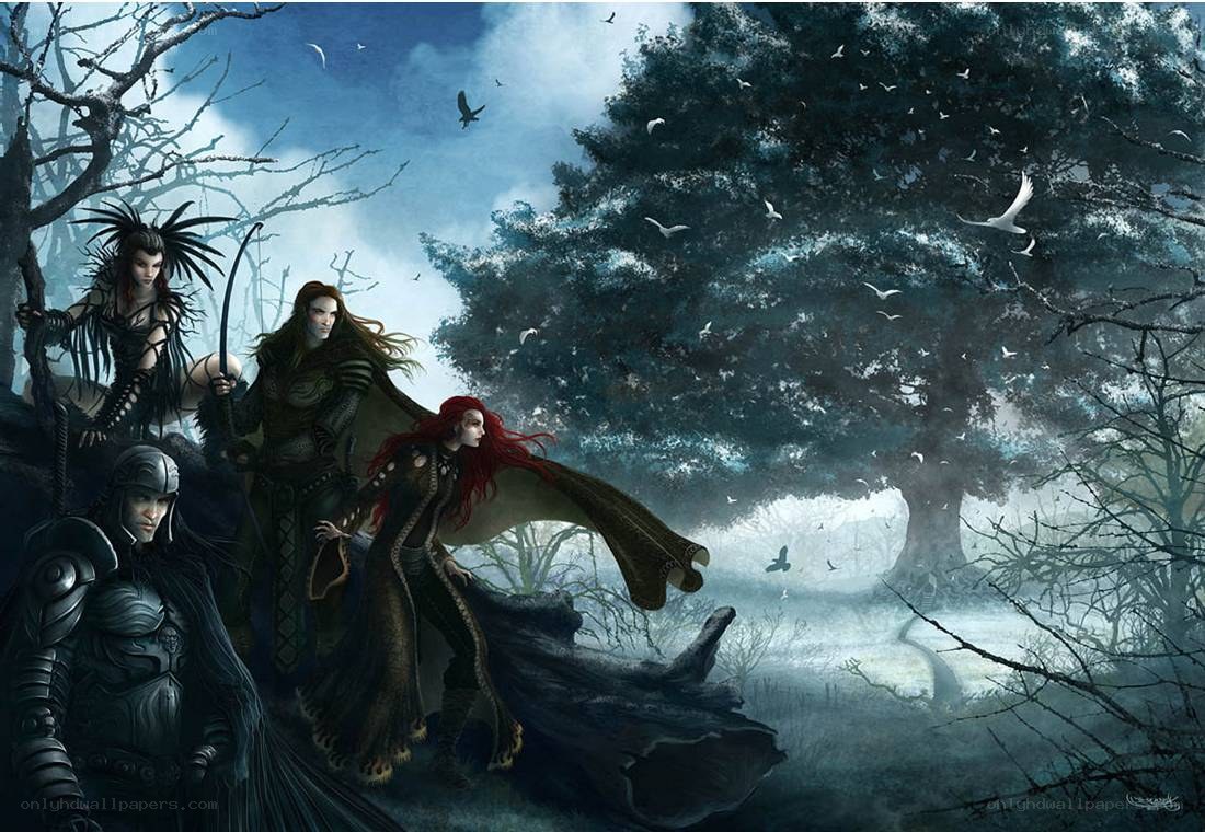 Fantasy warriors in a dark forest