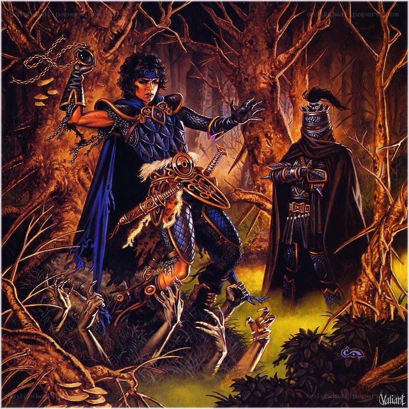 Fantasy warriors in a dark forest