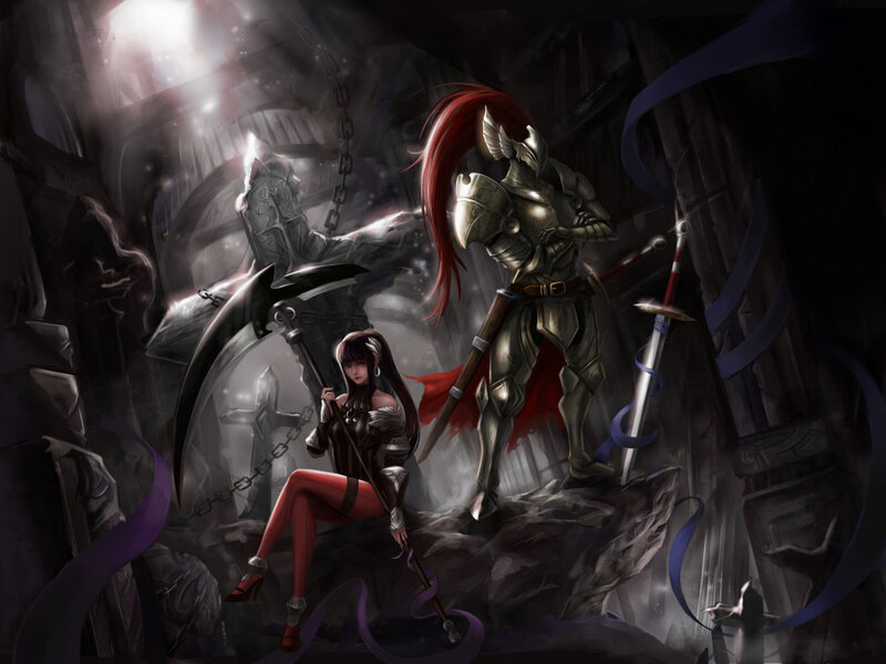 Fantasy warriors in a dark ruin