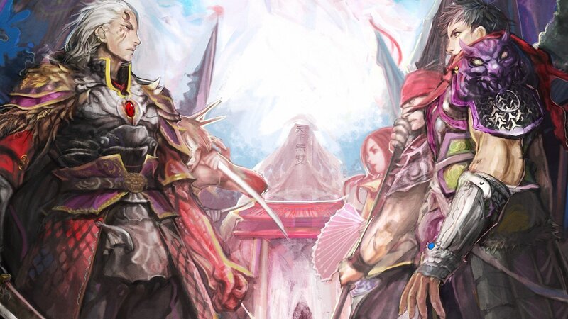 Fantasy warriors in a dramatic standoff