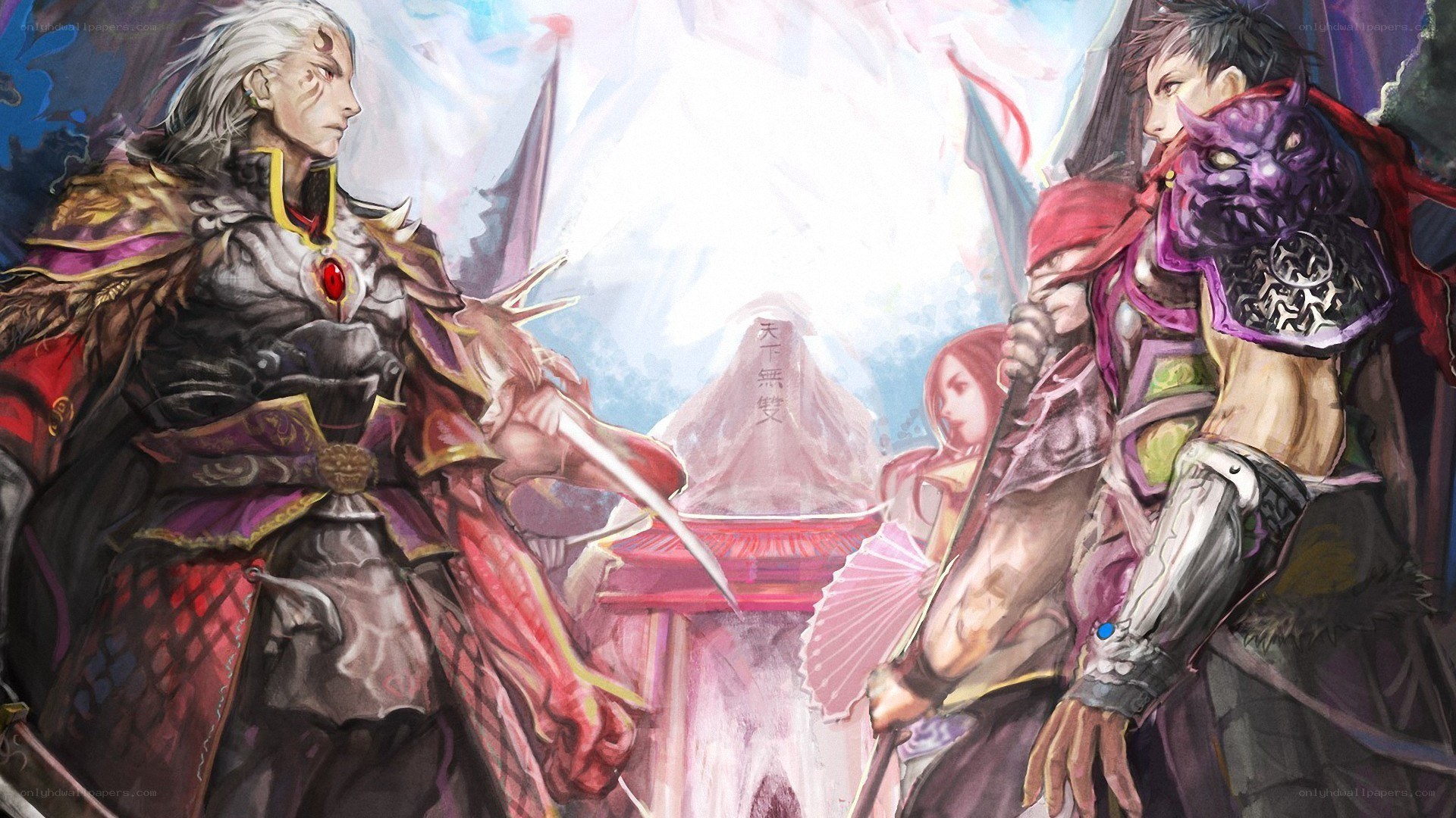 Fantasy warriors in a dramatic standoff