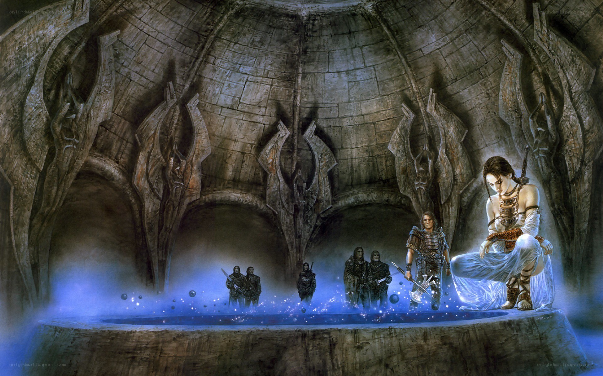 Fantasy warriors in ancient chamber