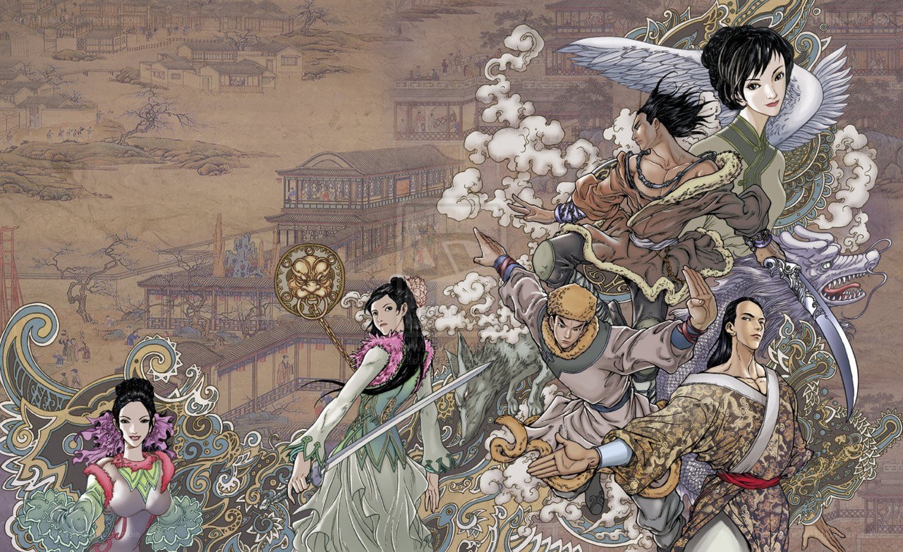 Fantasy warriors in ancient city