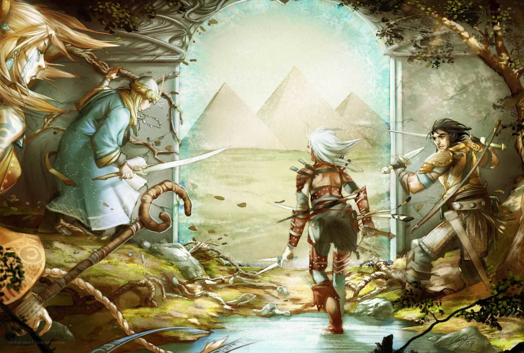 Fantasy warriors in ancient ruins