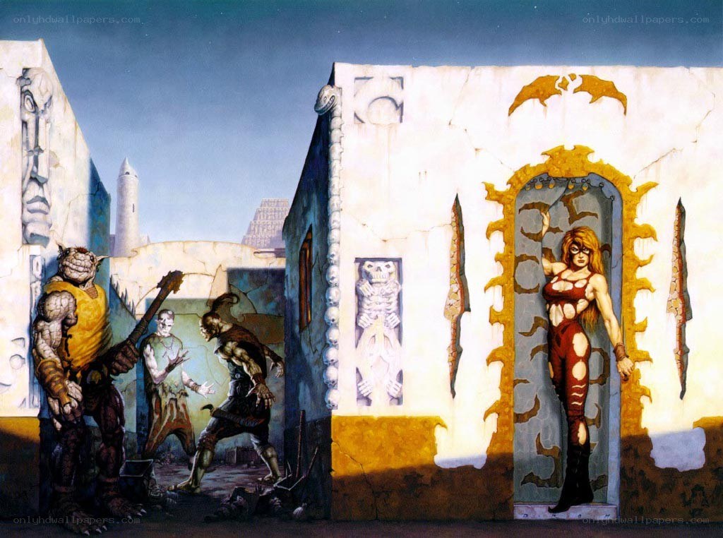 Fantasy warriors in ancient ruins