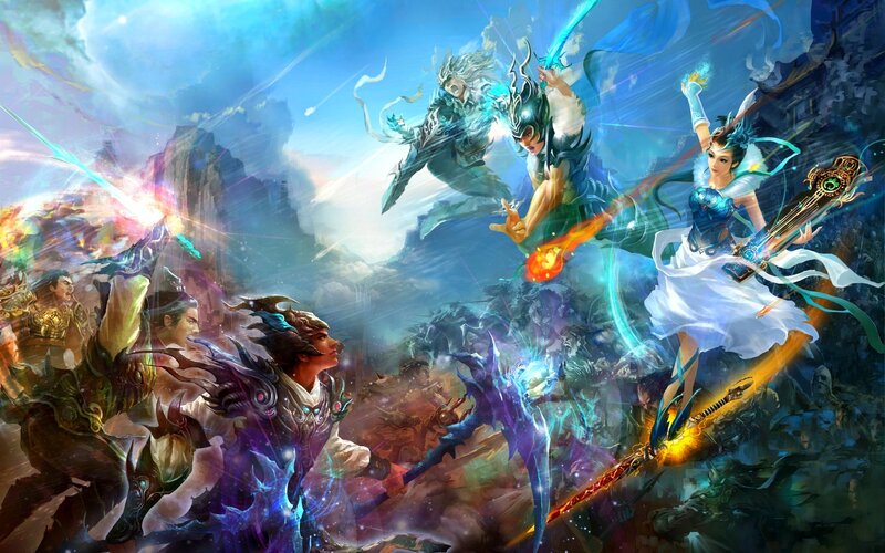 Fantasy Warriors in Battle — Blue, Dramatic, Digital Art, Magic, Swords
