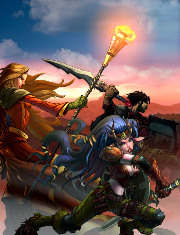 Fantasy Warriors in Battle — Blue, Dramatic, Sunset, Digital Art, Spear