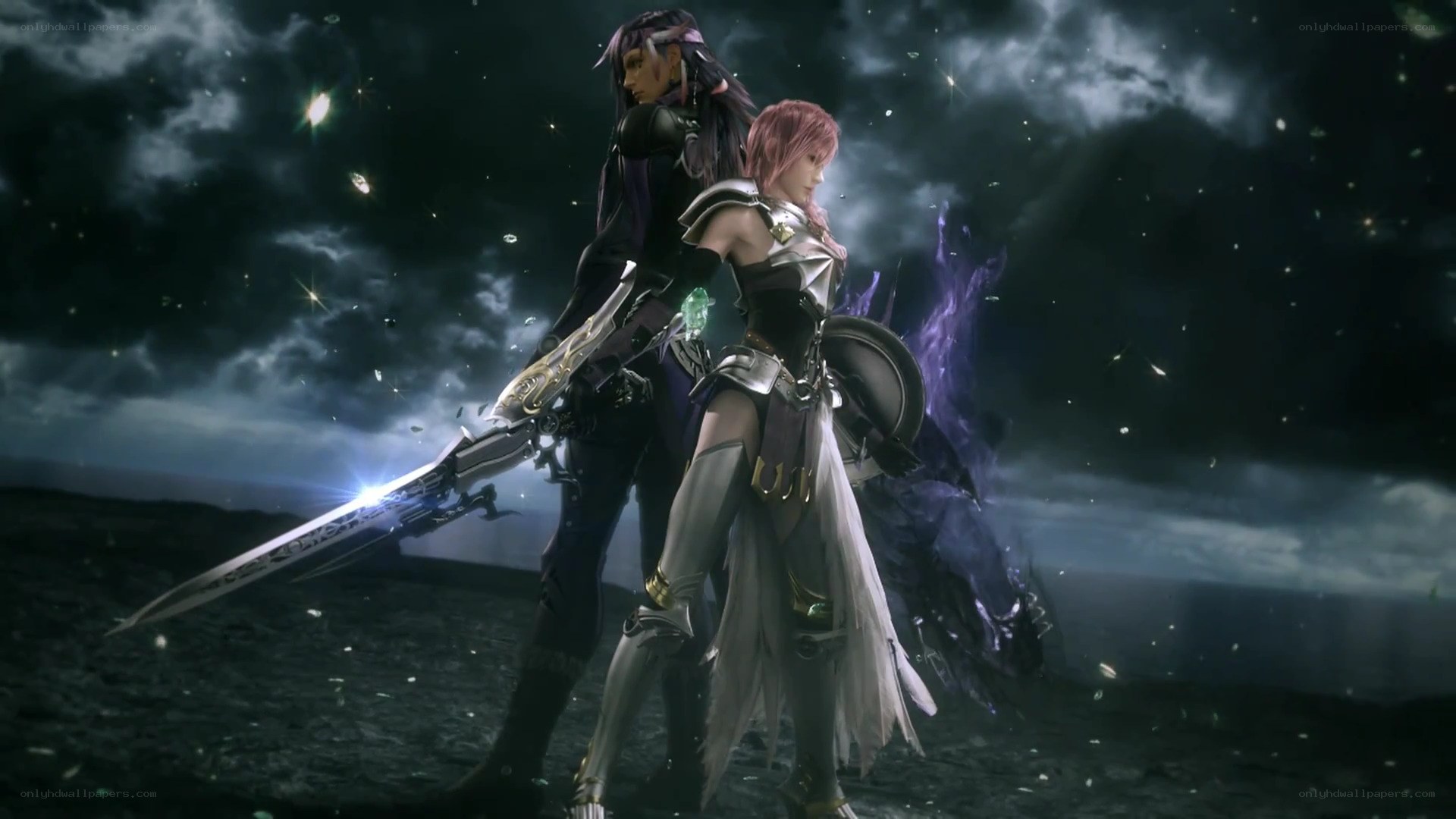 Fantasy warriors in dark landscape