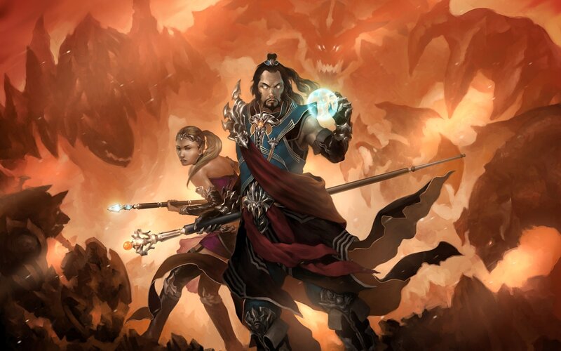 Fantasy warriors in fiery battle