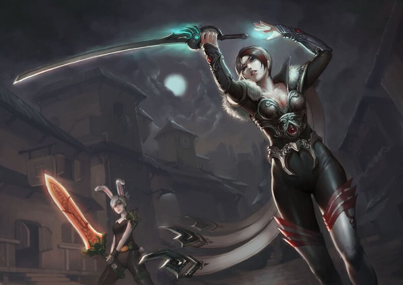 Fantasy warriors in moonlit town