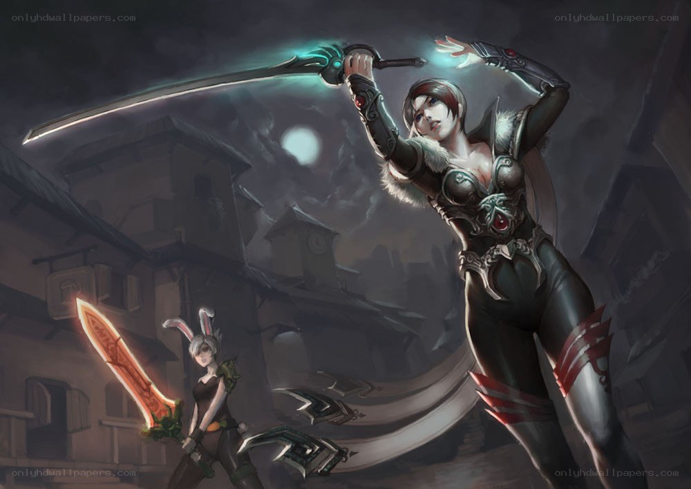Fantasy warriors in moonlit town
