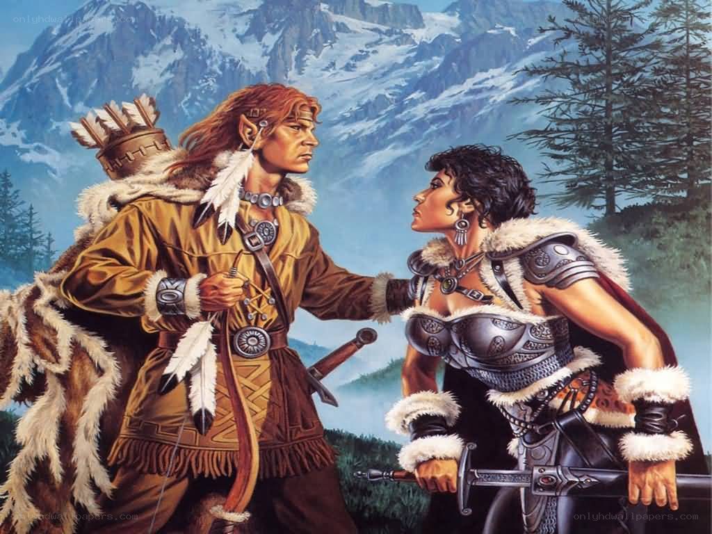 Fantasy warriors in mountain landscape