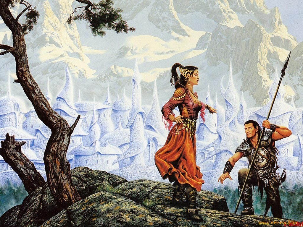 Fantasy warriors in mountain landscape