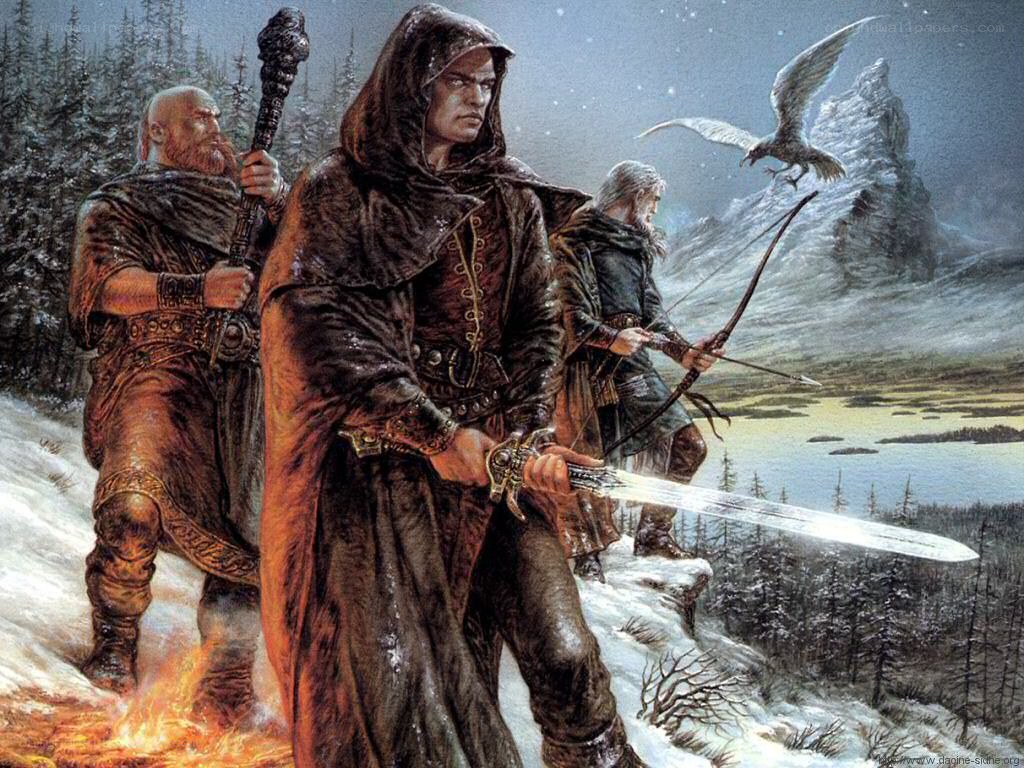 Fantasy warriors in snowy landscape