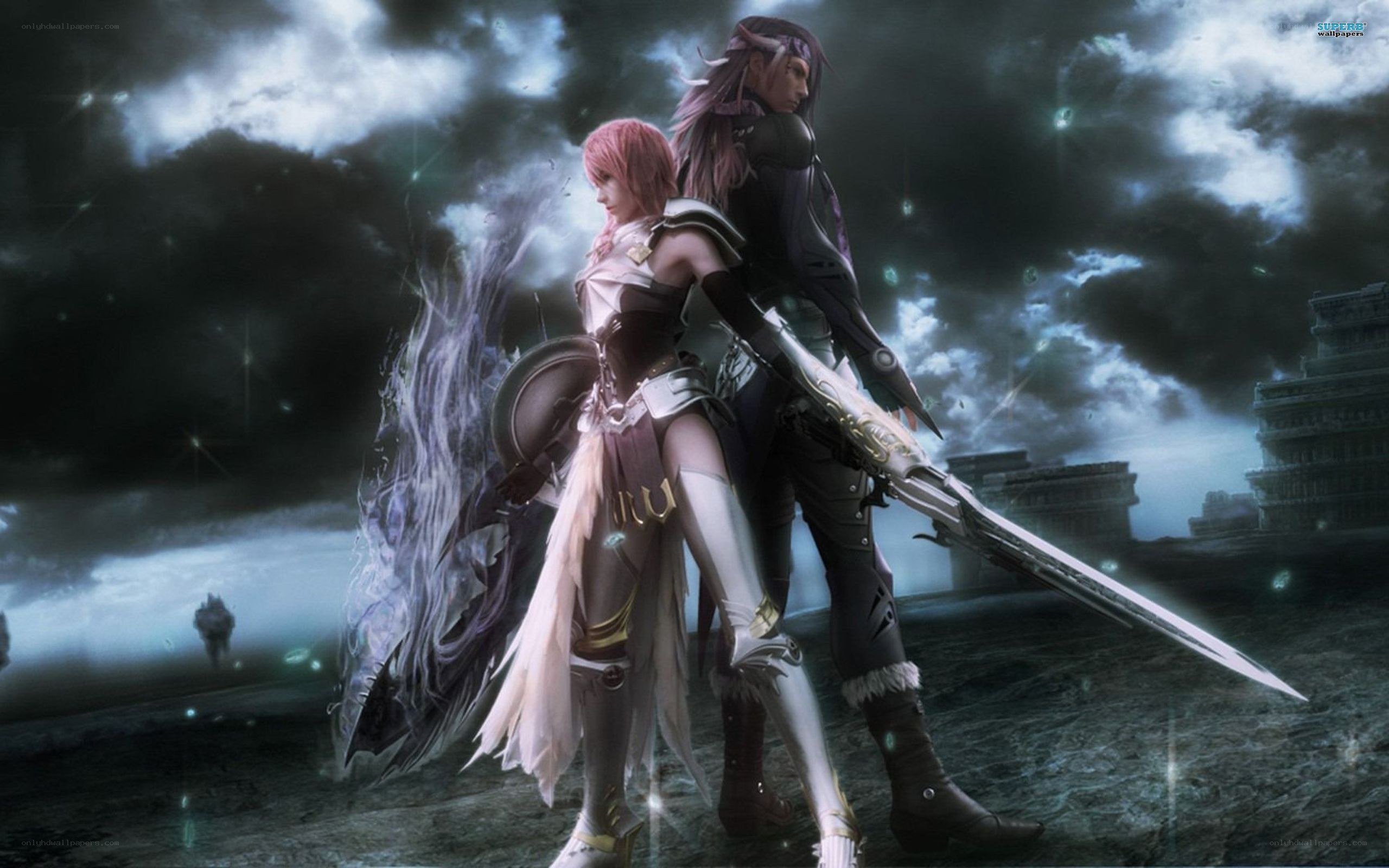 fantasy warriors in stormy landscape