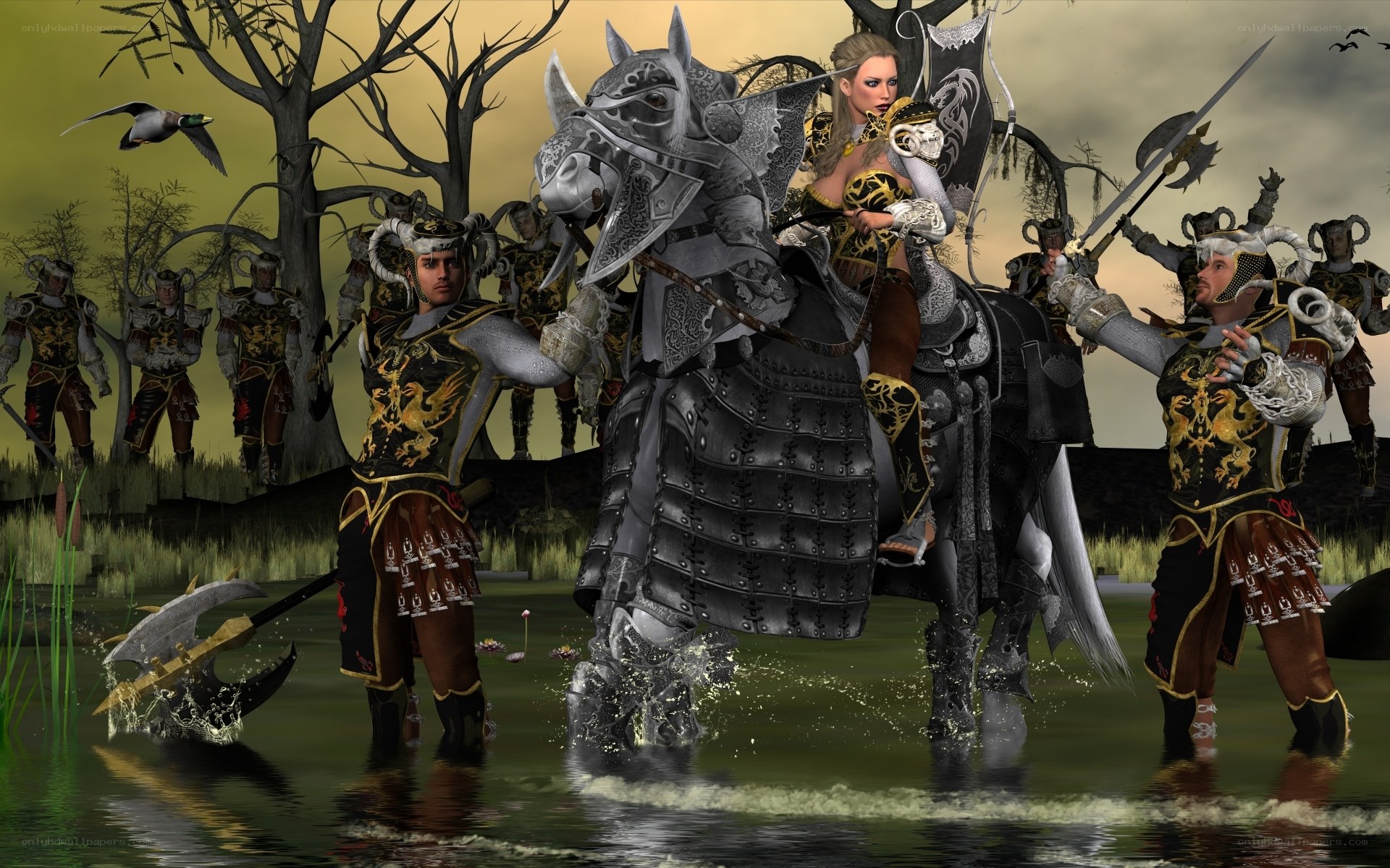 Fantasy warriors in swamp