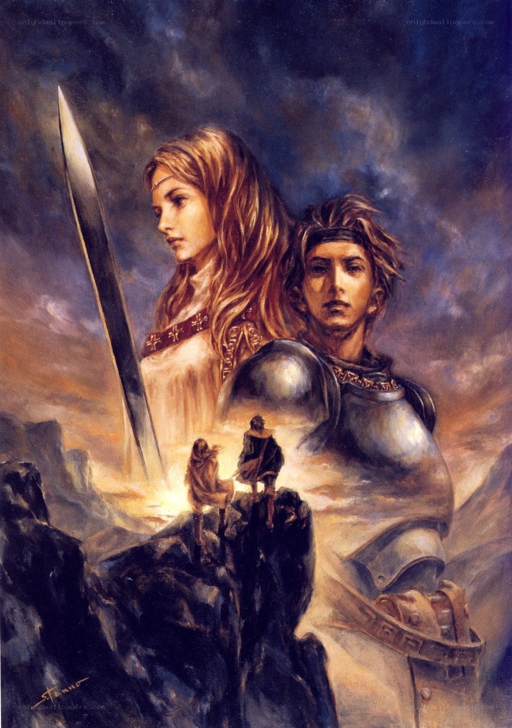 Fantasy warriors on a cliff