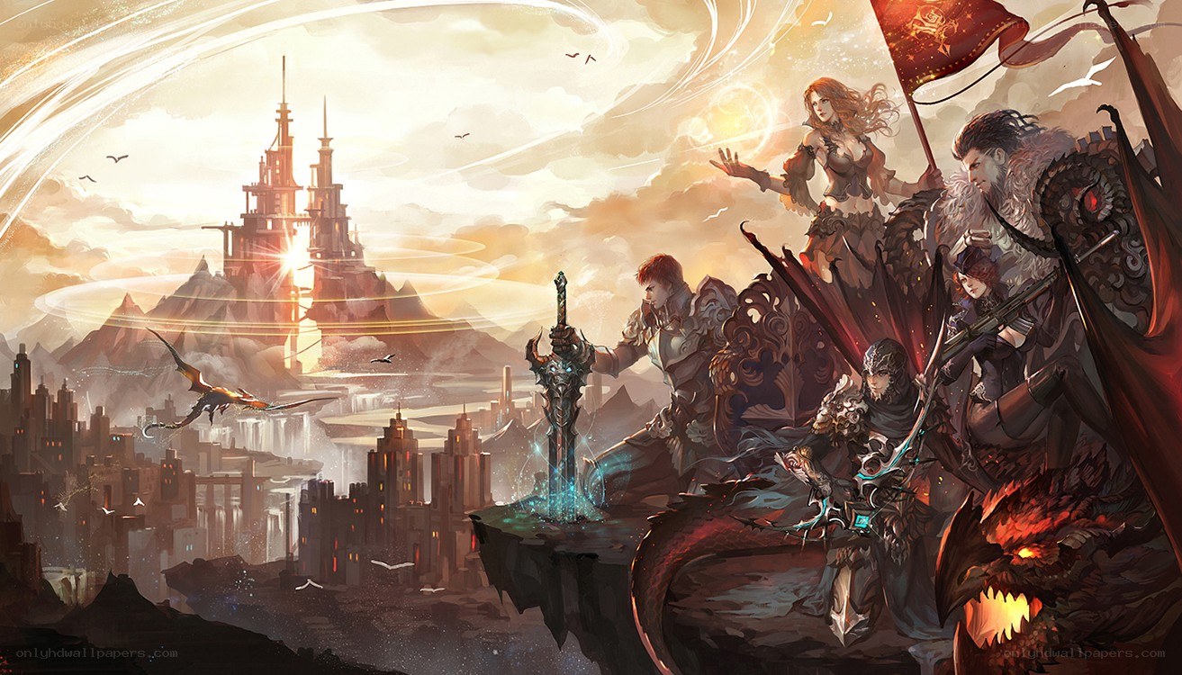 Fantasy warriors on a cliff