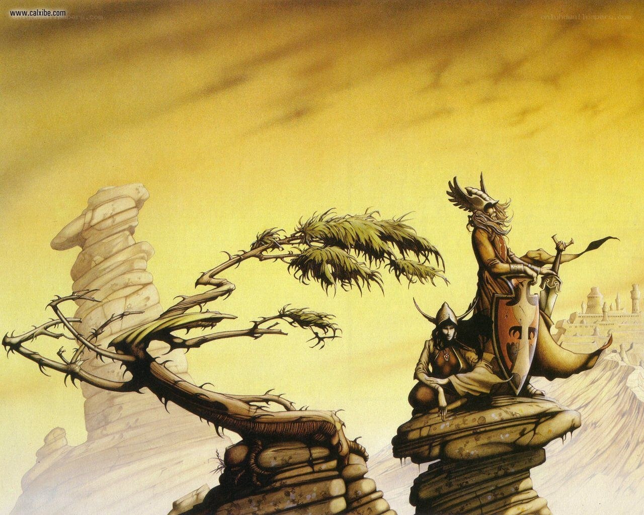 Fantasy warriors on a cliff