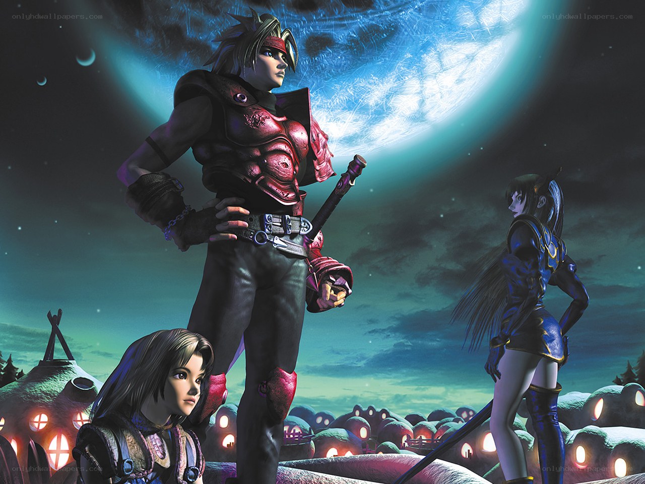 Fantasy warriors under a glowing moon
