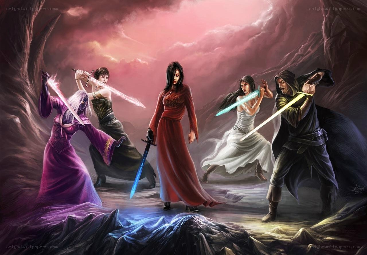 Fantasy warriors with glowing swords