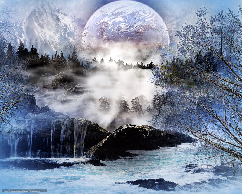 Fantasy Waterfall Landscape — Blue, Dramatic