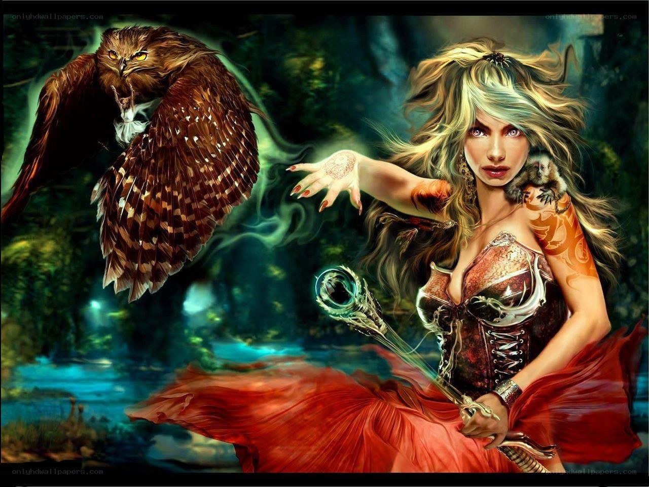 fantasy witch with owl and monkey